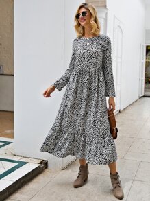 Dalmatian Print Ruffle Hem Smock Dress - Black and White - View 3