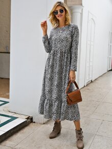 Dalmatian Print Ruffle Hem Smock Dress - Black and White - View 4