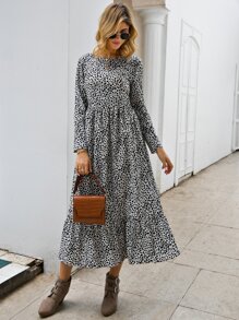 Dalmatian Print Ruffle Hem Smock Dress - Black and White - View 5