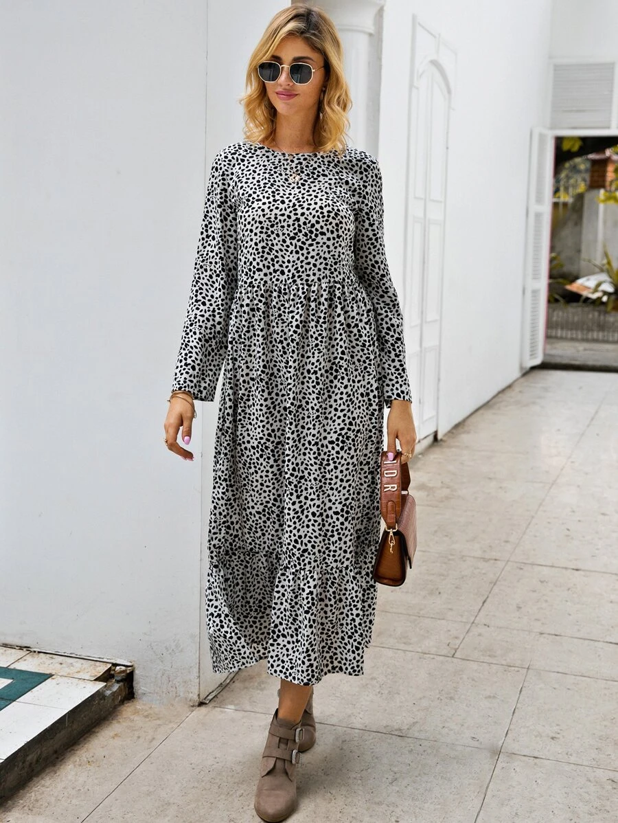 Dalmatian Print Ruffle Hem Smock Dress - Black and White - View 1