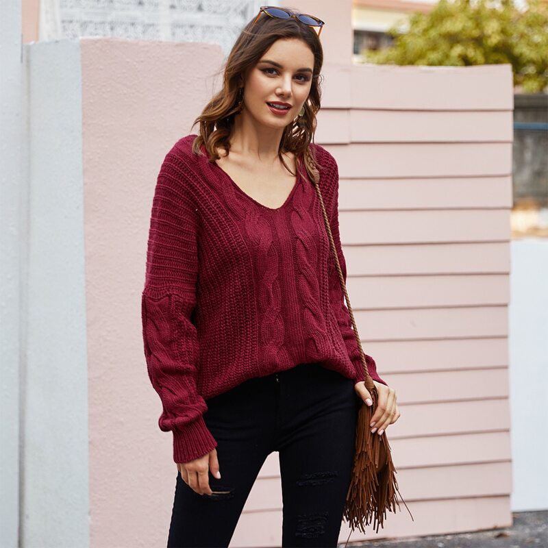 

Cable Knit Drop Shoulder V Neck Sweater, Burgundy
