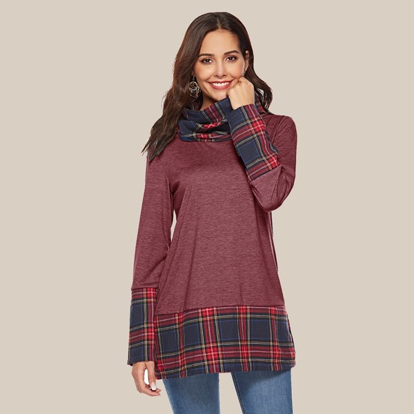 

Cowl Neck Contrast Plaid Panel Tee