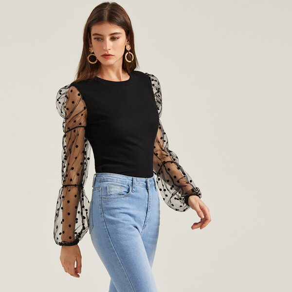 

Contrast Dobby Mesh Sleeve Tee, Black