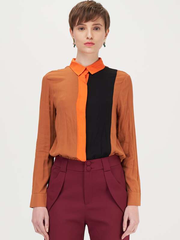 

Long Sleeve Colorblock Shirt, Camel