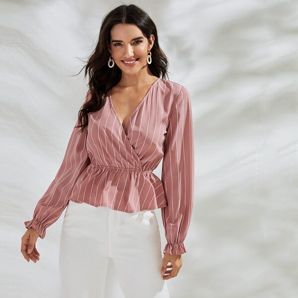 

Striped Ruffle Trim Wrap Top