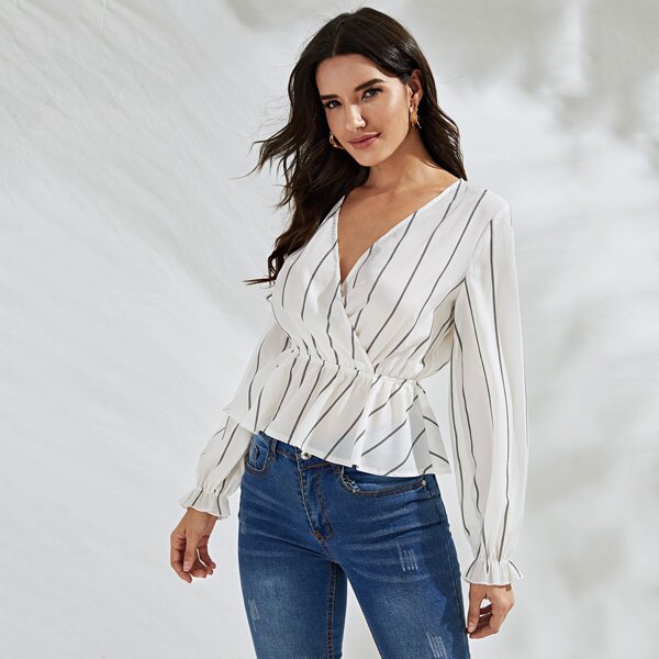 

Striped Ruffle Trim Wrap Top, White