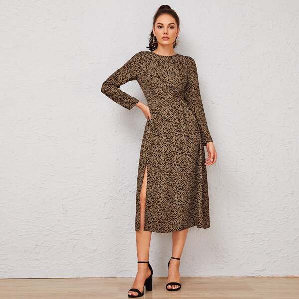 

Leopard Split Hem Cut-out Back Dress, Multicolor