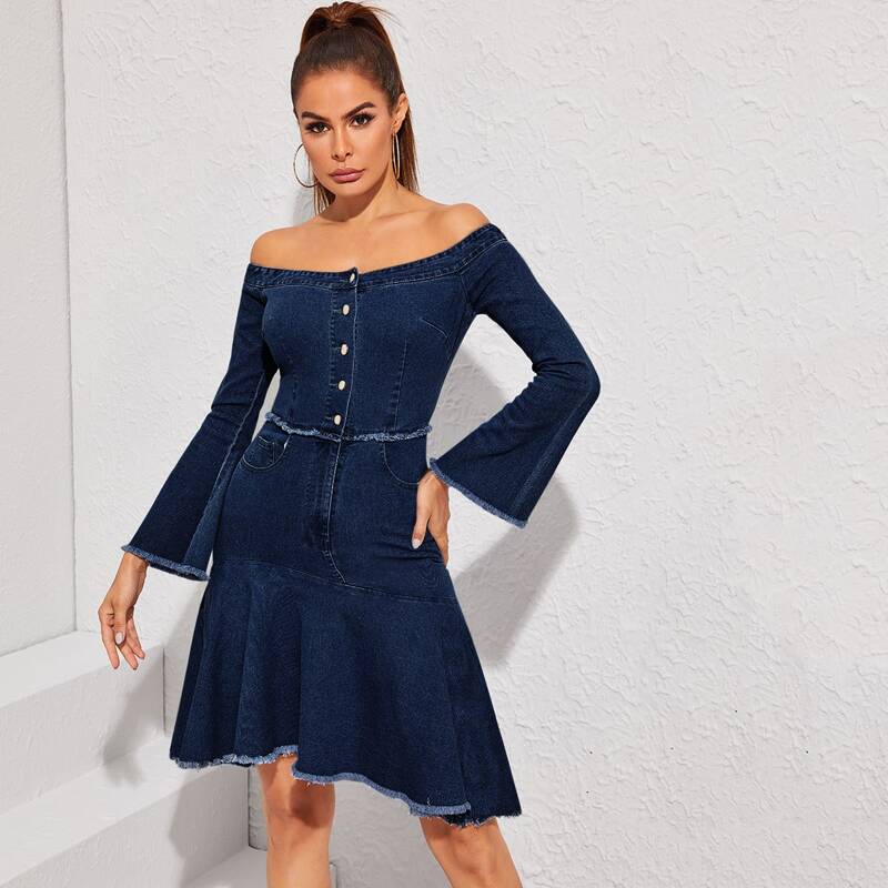 

Off Shoulder Flounce Sleeve Ruffle Hem Denim Dress, Navy