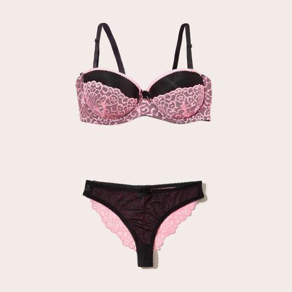 

Floral Lace Underwire Lingerie Set, Pink