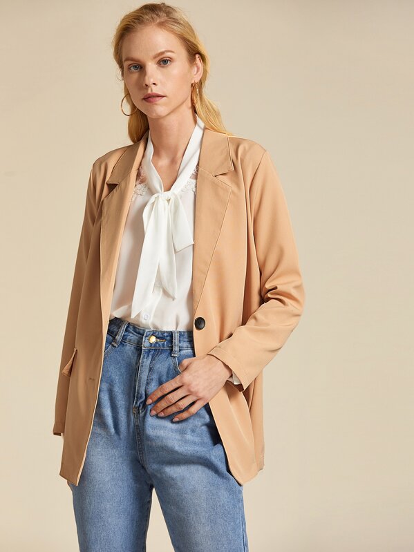 

Solid Lapel Collar Double Button Blazer, Khaki, Denisa