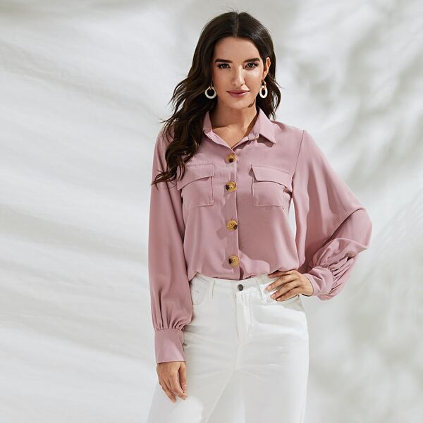 

Solid Button Through Lantern Sleeve Blouse, Pink