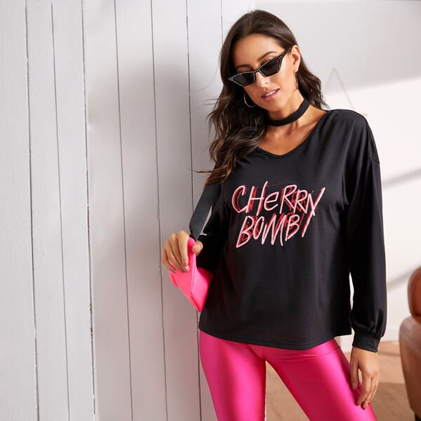 

Slogan Graphic Bishop Sleeve Choker Neck Sweatshirt, Black