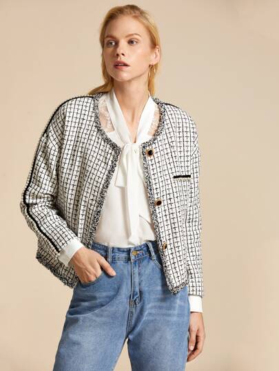 Plaid Pearls Decoration Frayed Edge Tweed Jacket