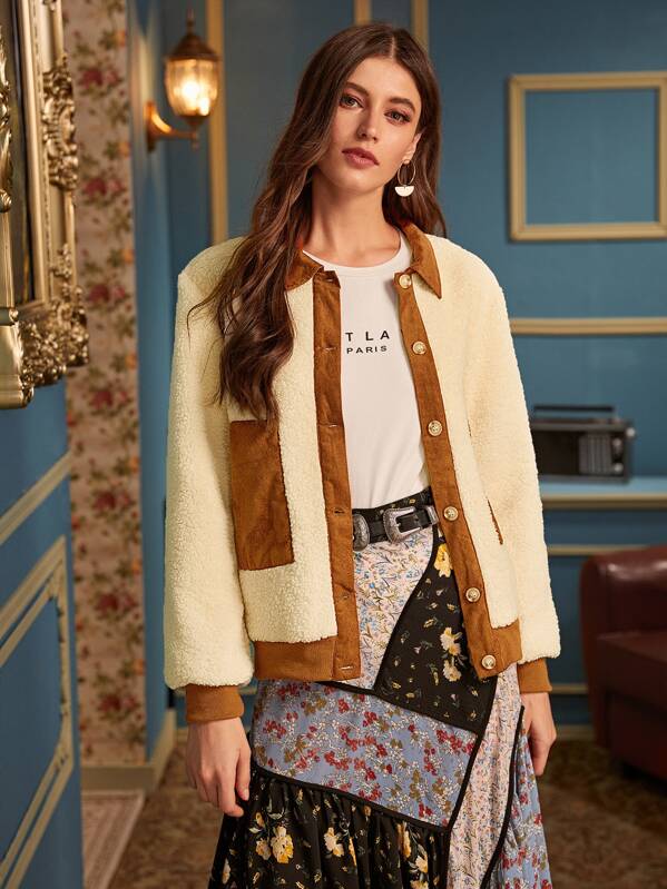 

Contrast Panel Button Front Teddy Jacket, Multicolor, Mila