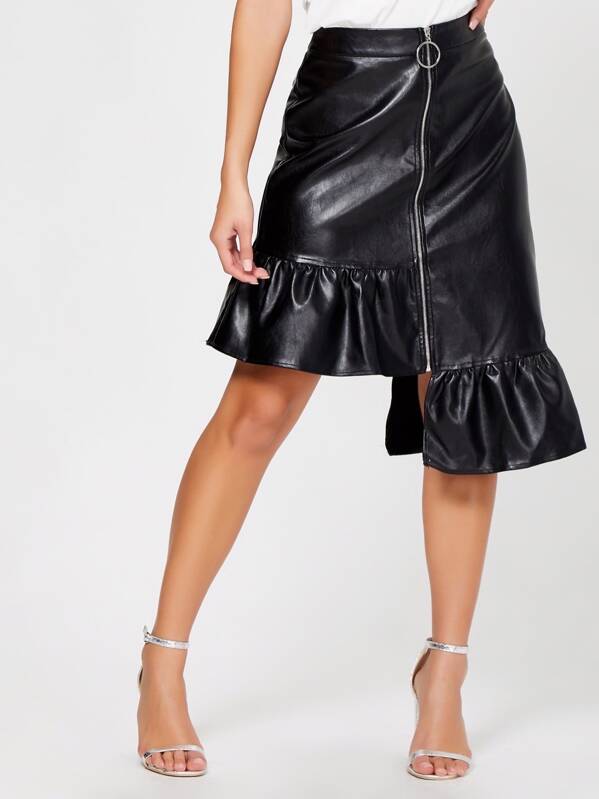 

Fly Up Asymmetric Hem PU Skirt, Black, Nicole