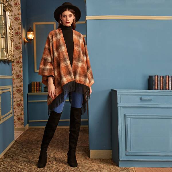 

Plaid Fringe Hem Cape Coat, Multicolor