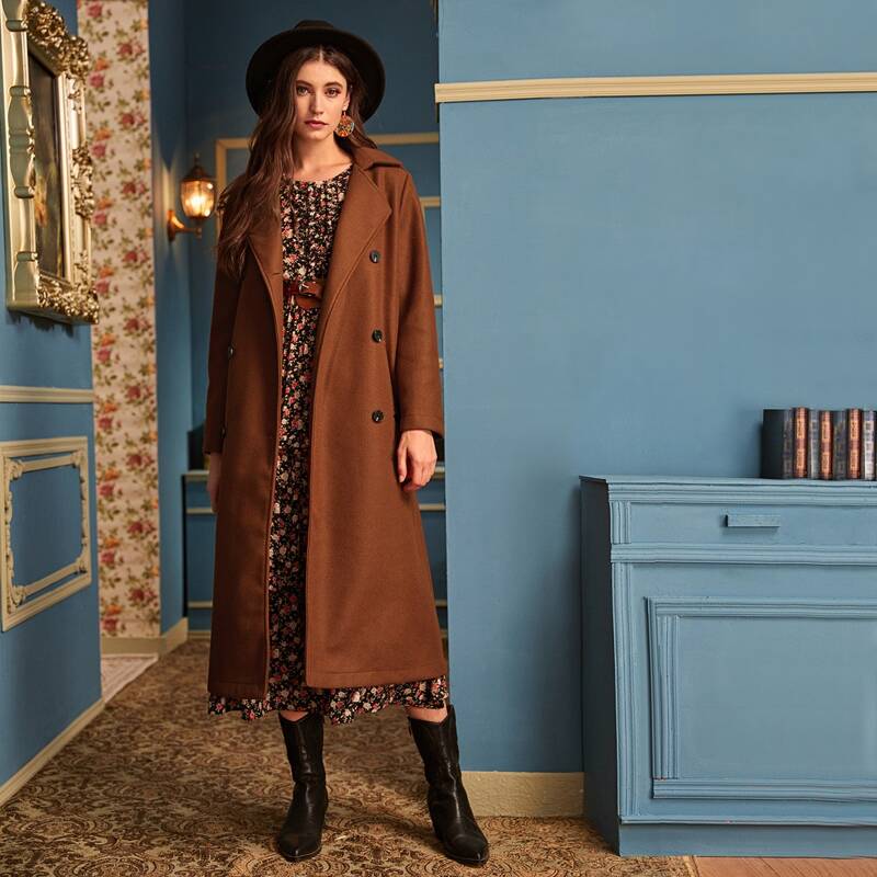 

Solid Lapel Collar Double Breasted Longline Coat, Rust brown
