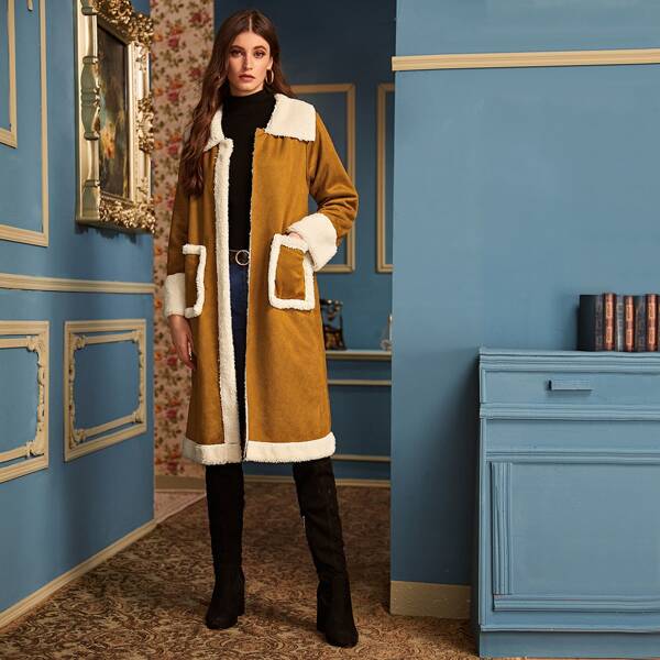 

Contrast Teddy Dual Pocket Suede Coat, Yellow