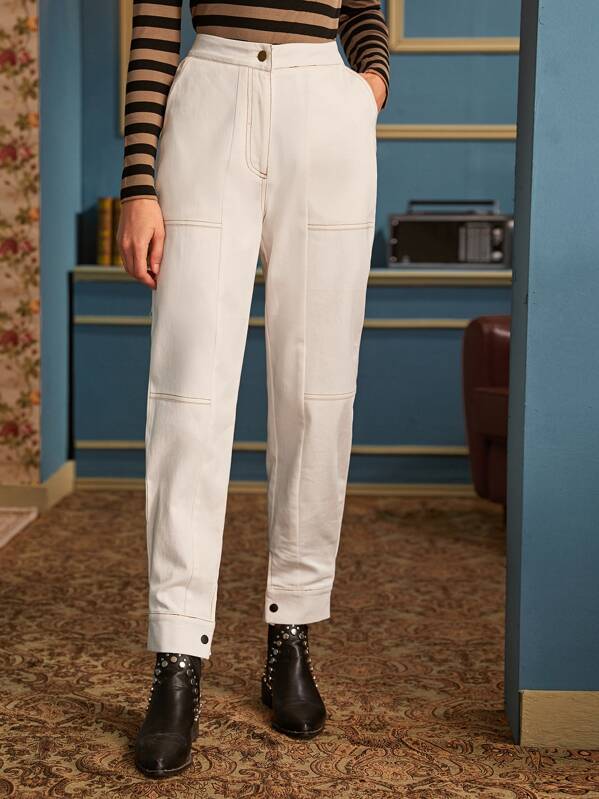 

Contrast Stitching Zipper Fly Pants, Beige, Mila