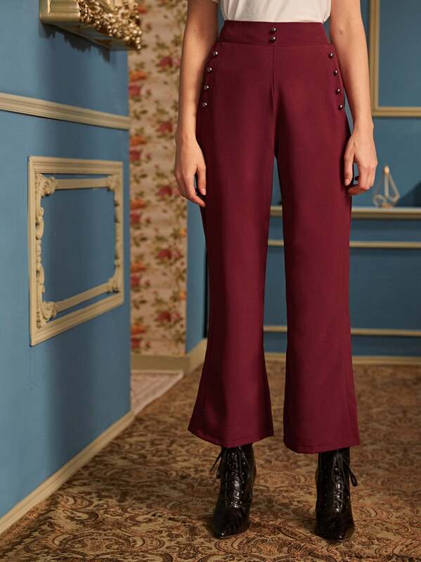 

Solid Button Detail Flare Leg Pants, Burgundy, Mila