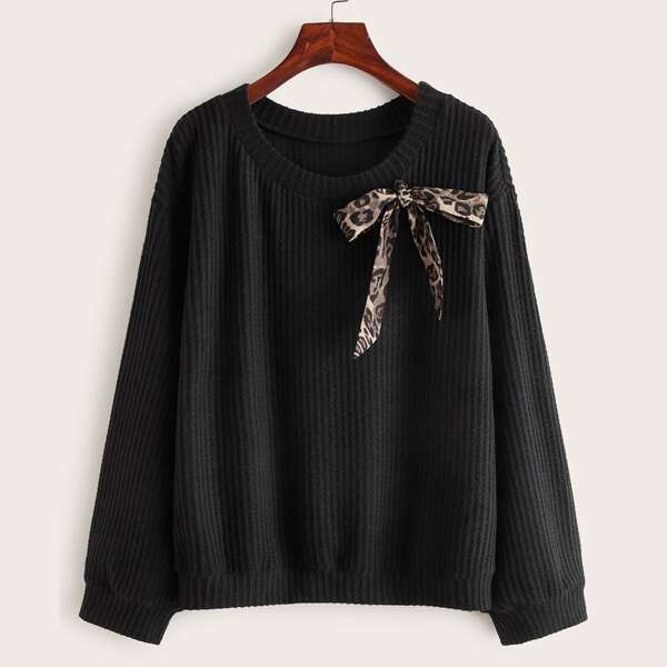 

Leopard Knotted Ribbed Knit Top, Black