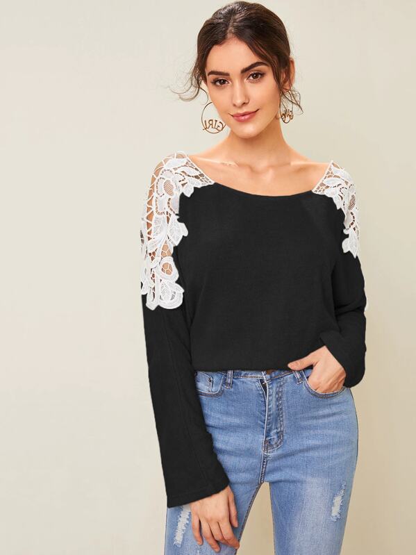 

Contrast Guipure Lace Boat Neck Sweater, Black and white, Carol A