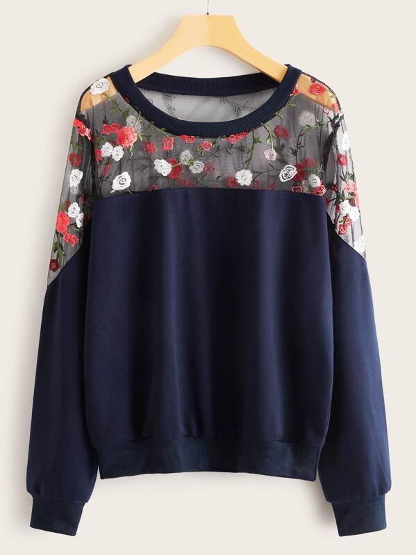 

Contrast Floral Embroidery Mesh Sweatshirt, Navy