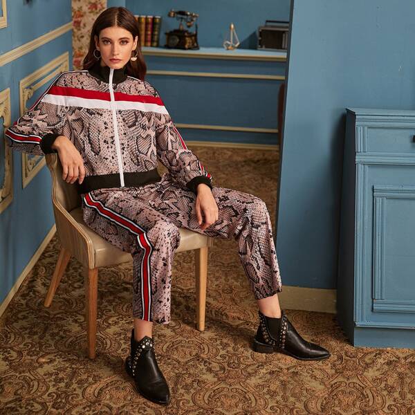 

Snakeskin Print Tape Panel Jacket & Side Striped Pants, Multicolor