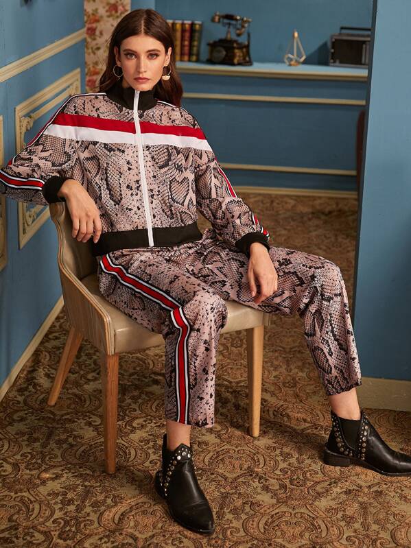 

Snakeskin Print Tape Panel Jacket & Side Striped Pants, Multicolor, Mila