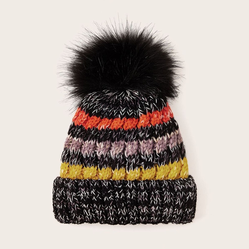 

Striped Pattern Pom Pom Decor Knit Hat, Multicolor