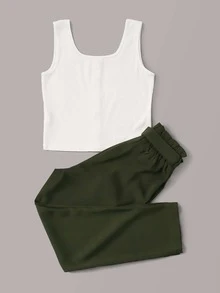 Top tank de canalé con botón delantero con pantalones con cinturón de cintura con volante - Multicolor - Ver 2