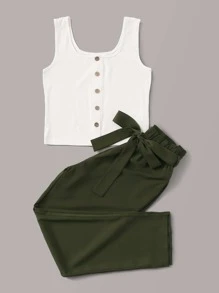 Top tank de canalé con botón delantero con pantalones con cinturón de cintura con volante - Multicolor - Ver 3