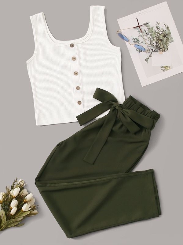 

Button Front Ribbed Tank Top & Paperbag Waist Belted Pants, Multicolor