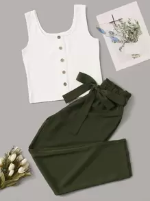 Top tank de canalé con botón delantero con pantalones con cinturón de cintura con volante - Multicolor - Ver 1