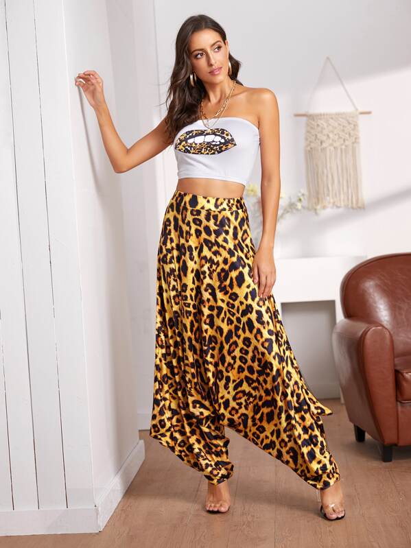 

Mouth Graphic Tube Top & Leopard Print Harem Pants, Multicolor, Mary P.