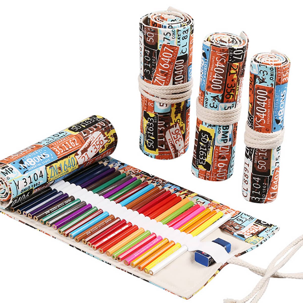 

1pc Vintage Number Print Roll Up Pencil Bag, Black and white