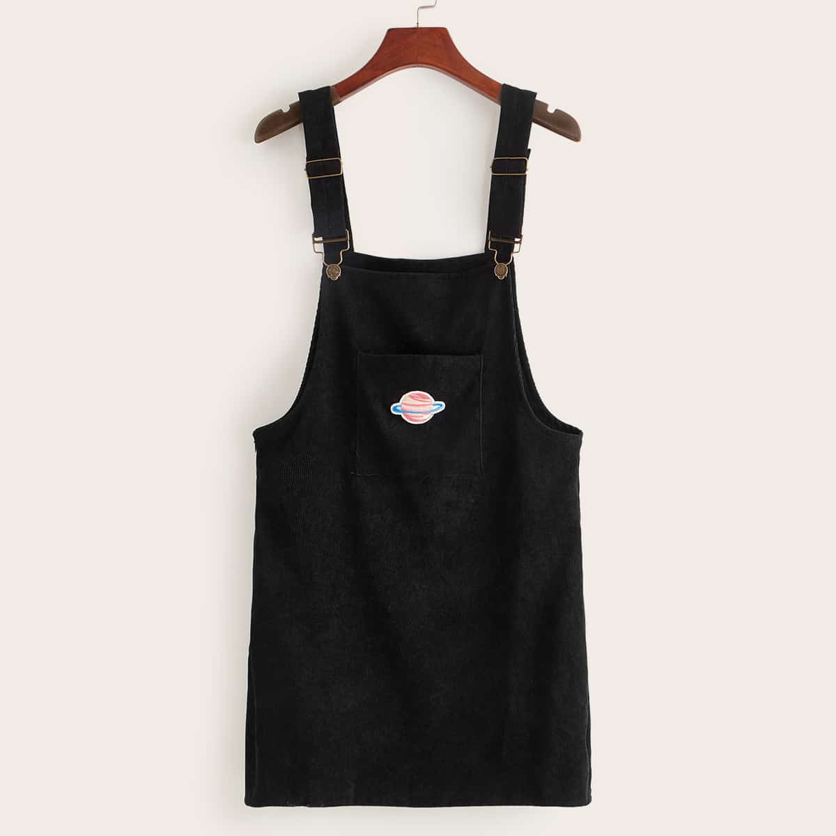 

Planet Embroidery Pocket Front Corduroy Pinafore Dress, Black