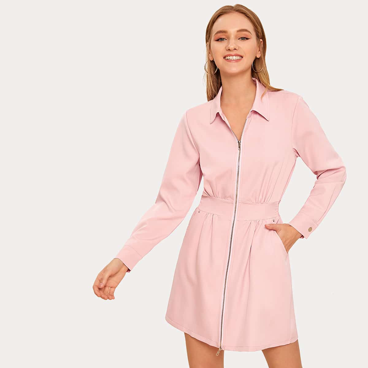 

Solid Zip-up Shirred Waist Shirt Dress, Pink pastel