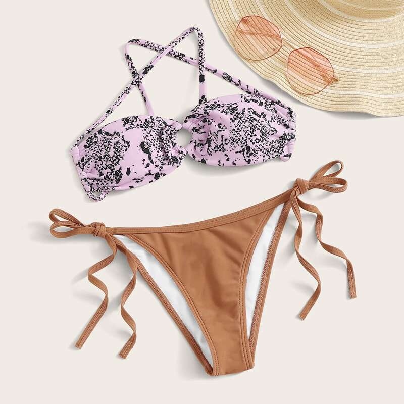 

Snakeskin Criss Cross Top With Tie Side Bikini, Multicolor