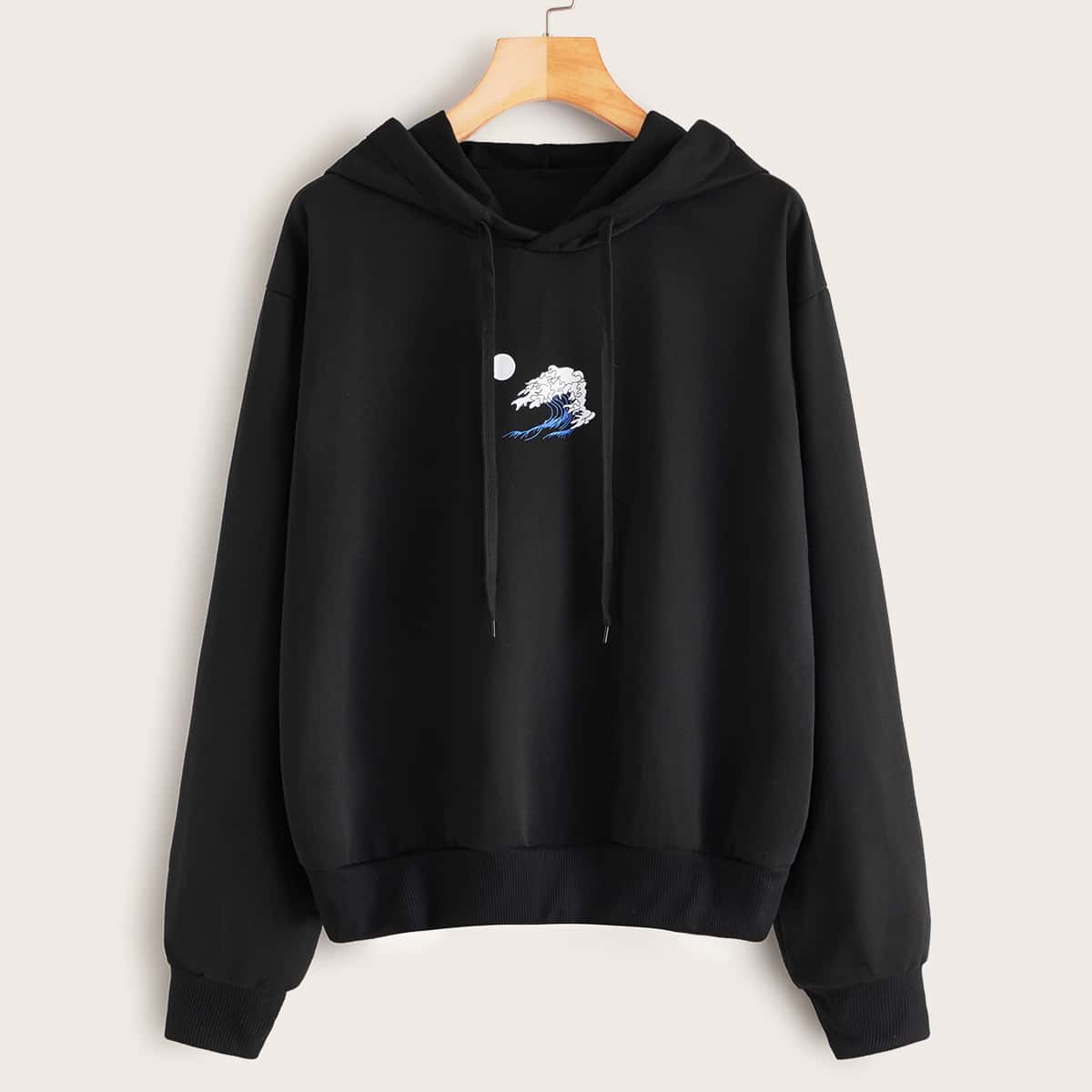 

Graphic Drawstring Drop Shoulder Hoodie, Black
