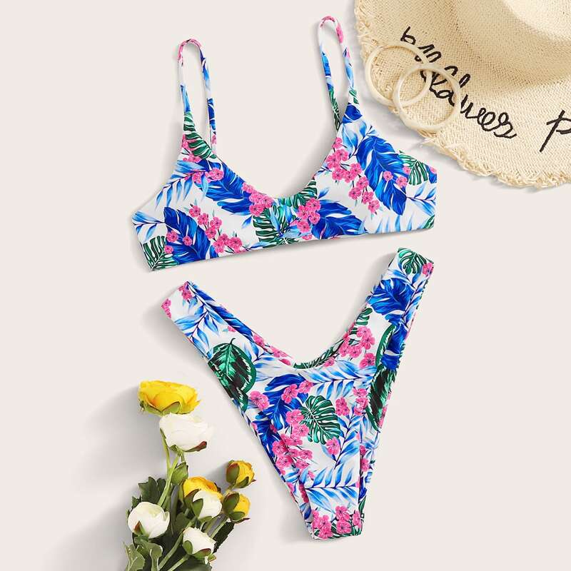 

Tropical Top With High Cut Bikini Set, Blue