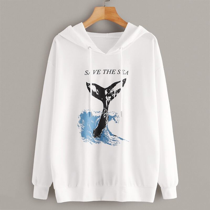 

Slogan Graphic Drop Shoulder Drawstring Hoodie, White