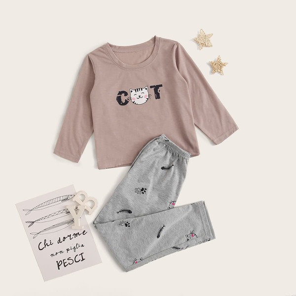 

Girls Cartoon Cat Print PJ Set, Multicolor