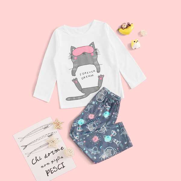 

Toddler Girls Cartoon Cat Print PJ Set, Multicolor