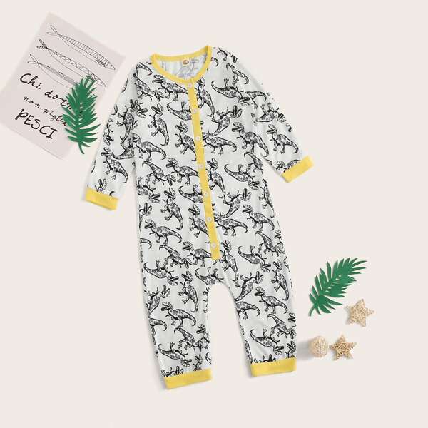 

Toddler Boys Cartoon Dinosaur Print Onesie, Black and white