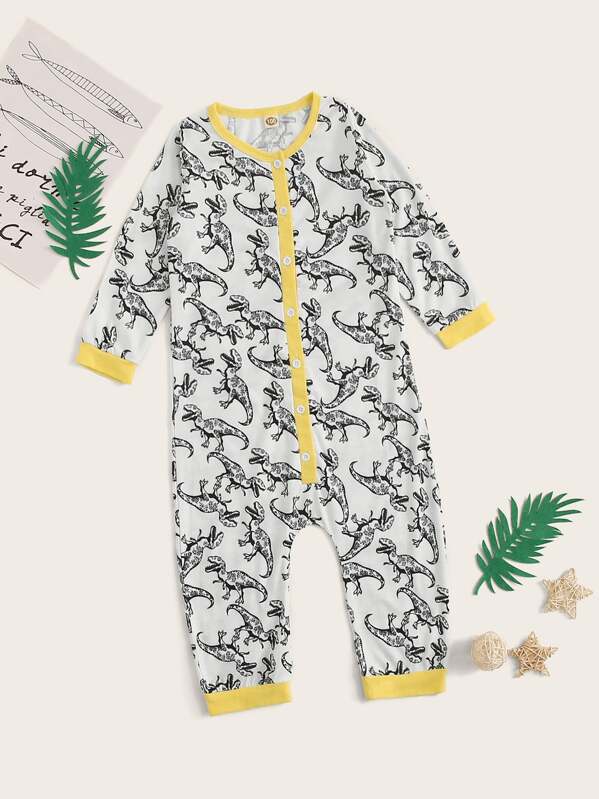 

Toddler Boys Cartoon Dinosaur Print Onesie, Black and white