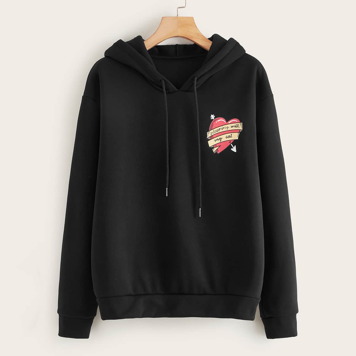 

Heart & Letter Graphic Drawstring Hoodie, Black