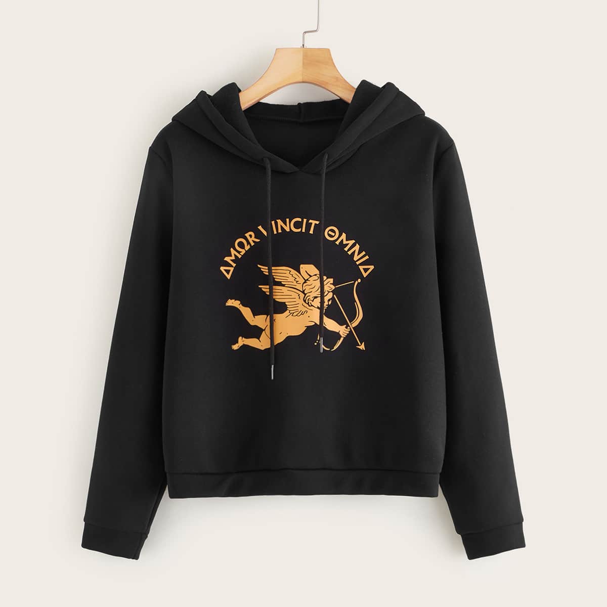 

Angel & Letter Graphic Drawstring Hoodie, Black