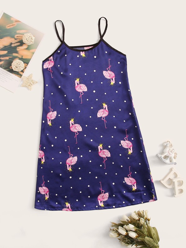 

Girls Flamingo Print Satin Cami Night Dress, Navy