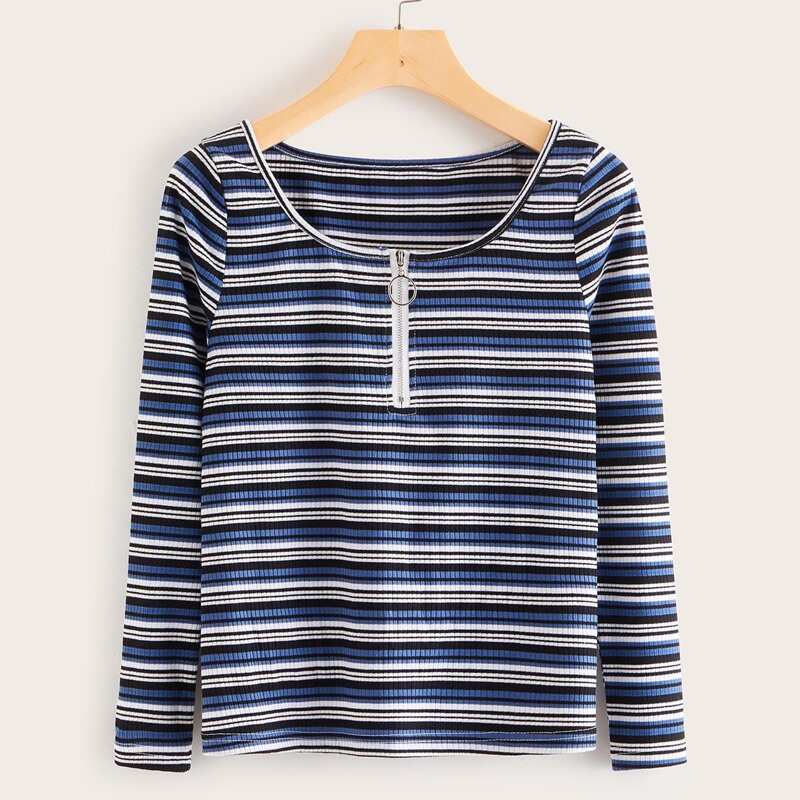 

Striped O-ring Zip Front Ribbed Tee, Multicolor